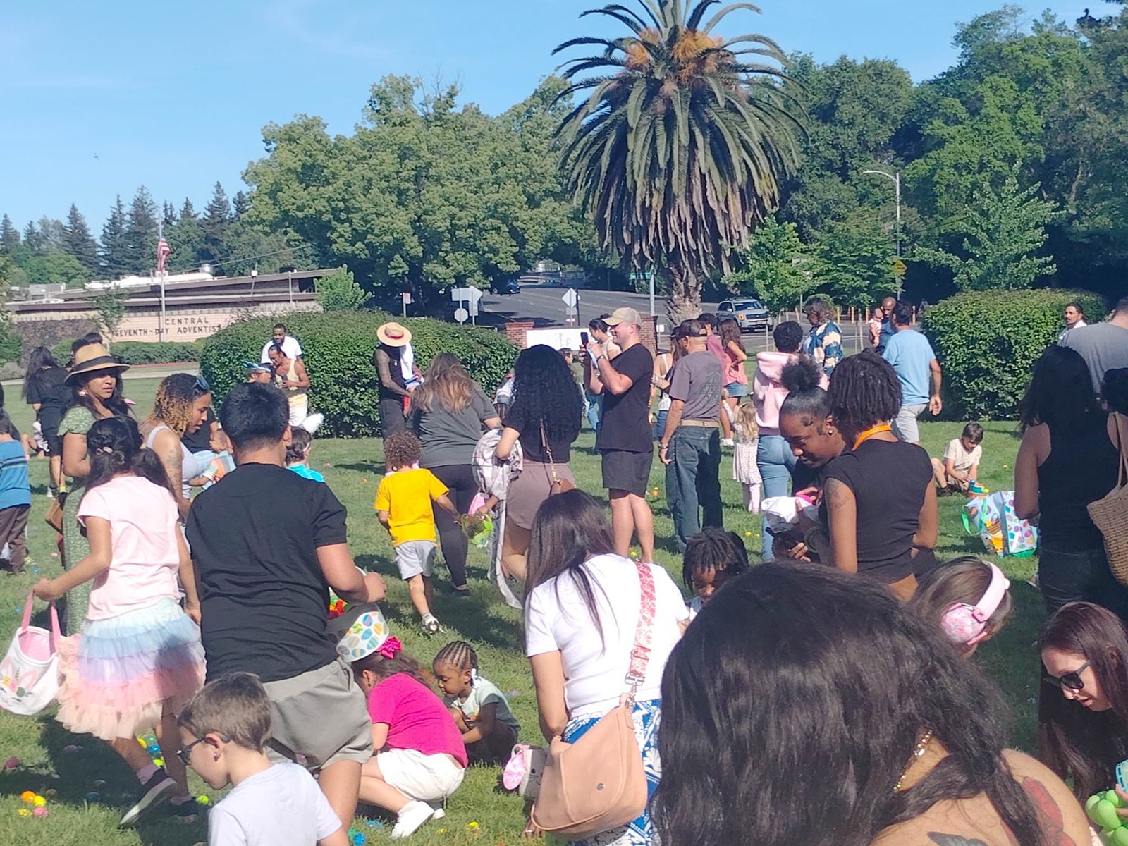Kids picking up colorful eggs in the grass